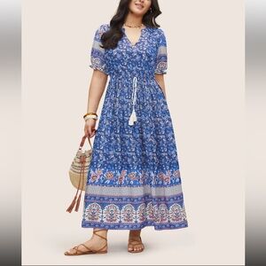 Bloomchic Boho Print Notched Ties Tassel Trim Dress